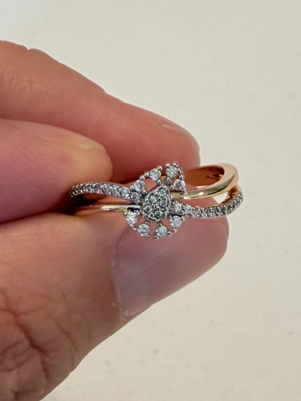 Rose Gold Floral Halo Diamond Ring. - Picture 3 of 8